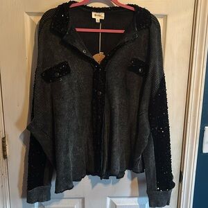 Black sequin/ gray waffle knit button up.